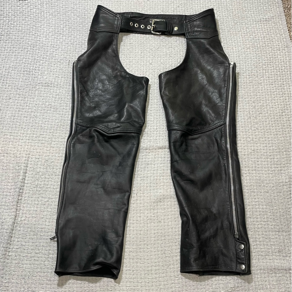 Vintage California Creations Black Leather Chaps Riding Pants Motorcycle Mens L